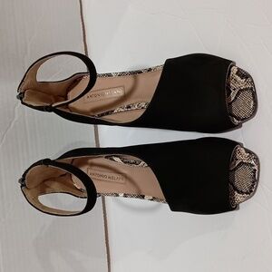 Antonio Melani Leather Open Toe Black Snake Skin Heels EUC